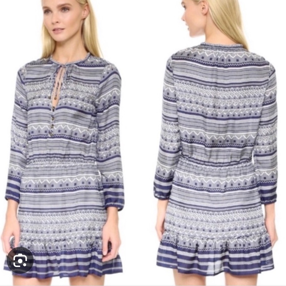 Veronica Beard Blue & White 100%‎ Silk Agathe Accent Buttons Ruffle Hem Dress 0
